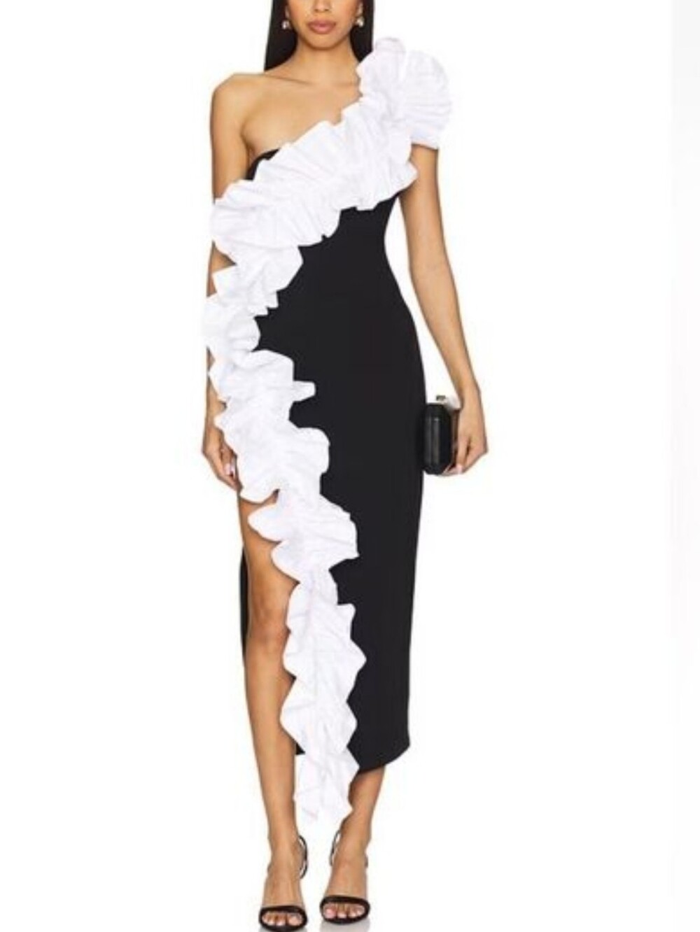 NBD dramatic Black& White One-Shoulder Ruffle Midi Dress size M new with tags